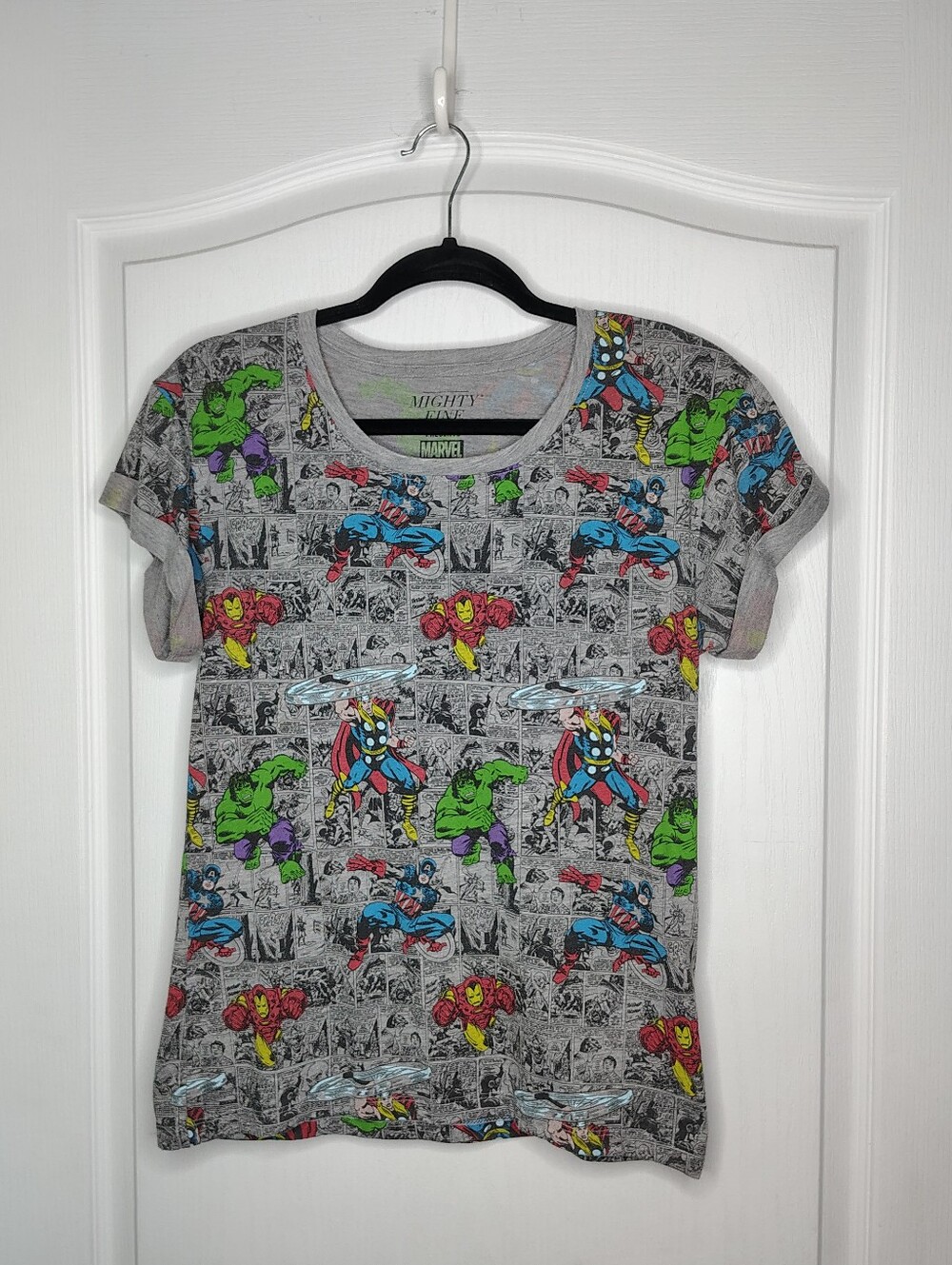 Marvel Women's Gray Tee with Multicolor Superhero Panels